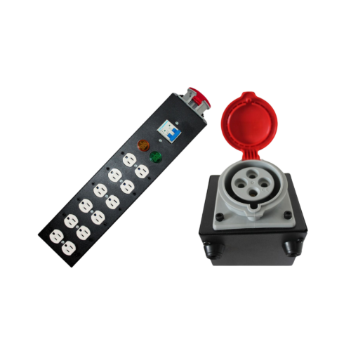 Bocadillo o cajetin 6 tomas dobles eaton a 110v, 2 pilotos indicadores de voltaje, 1 breaker con chaflan que tiene 1 toma 4x32amp