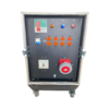 Distro de corriente con toma de 4x63amp, 3 fases neutro y tierra, con reloj 3 en 1 Ecras, pilotos indicadores de voltaje por fase , 4 tomas dobles de 220v totalizador de 3 fases , cara posterior : 4 tomas dobles eaton de 110v . 6 tomas 4X32amp montado en rack de ruedas con herrajes americanos.