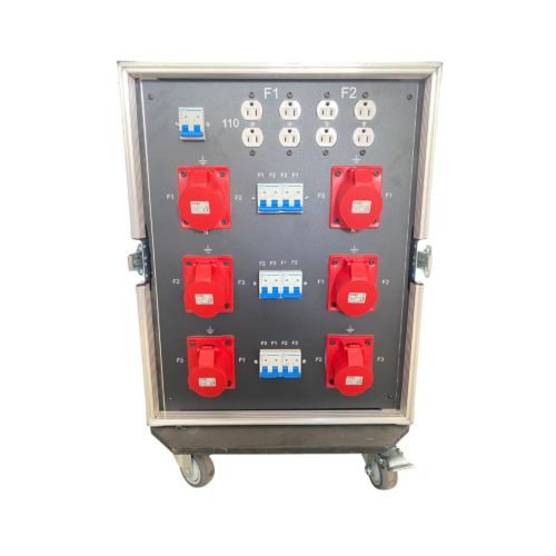Distro de corriente con toma de 4x63amp, 3 fases neutro y tierra, con reloj 3 en 1 Ecras, pilotos indicadores de voltaje por fase , 4 tomas dobles de 220v totalizador de 3 fases , cara posterior : 4 tomas dobles eaton de 110v . 6 tomas 4X32amp montado en rack de ruedas con herrajes americanos.