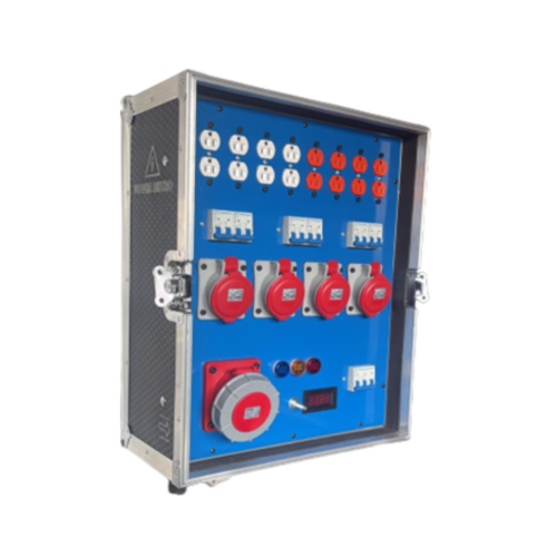 Distro de corriente de sobreponer con toma de 4x63amp 3 fases, neutro y tierra con pilotos indicadores de voltaje, 4 tomas dobles de 220v 4 tomas dobles a 110v , 4 tomas 4X32amp cons sus tacos montado en rack con herrajes americanos.