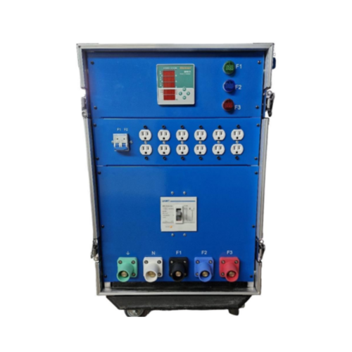Distro de corriente 400 amperios camloock 3 fases, neutro y tierra, totalizador de 3 fases, 6 tomas dobles a 110 voltios. Reloj Digital 3 en 1, 3 pilotos indicadores de vvoltaje. 8 salidas4x32 con sus tacos en rack con ruedas y herrajes usa