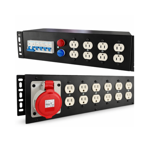 Distro de rackear 19" 4x32 amp, 2 fases. Neutro y tierra de 10 tomas dobles eaton 110V con breaker por fase, indicadores de voltaje, toma