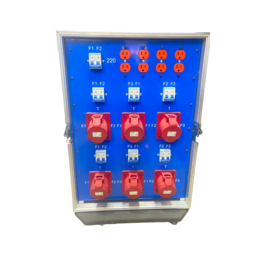 Distro de corriente con toma de 125amp, 3 fases, neutro y tierra, con reloj 3 en 1 Ecras, pilotos indicadores de voltaje, 4 tomas dobles eaton de 110v totalizador 125amp, Cara posterios: 4 tomas dobles de 220v. 6 tomas 4x32amp con breaker para cada fase montado en rack de ruedas con herrajes americanos.