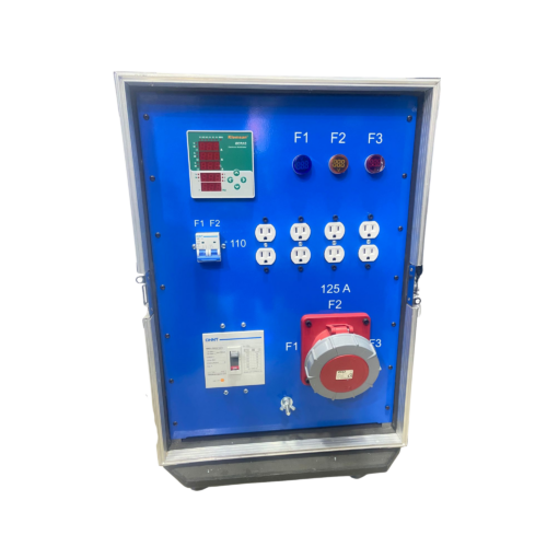Distro de corriente con toma de 125amp, 3 fases, neutro y tierra, con reloj 3 en 1 Ecras, pilotos indicadores de voltaje, 4 tomas dobles eaton de 110v totalizador 125amp, Cara posterios: 4 tomas dobles de 220v. 6 tomas 4x32amp con breaker para cada fase montado en rack de ruedas con herrajes americanos.