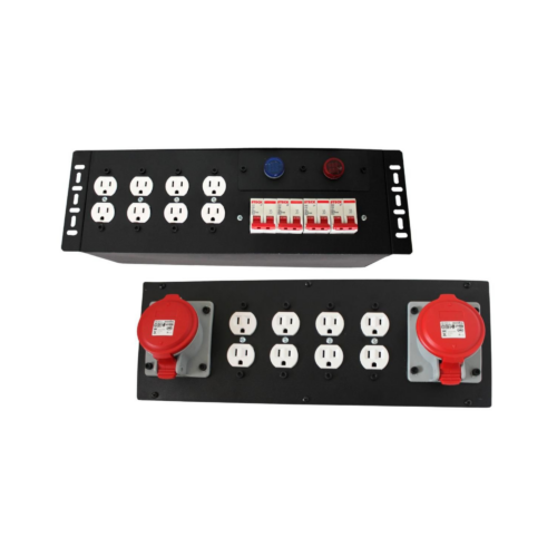 Distro de rackear 19" 4x32 amp, 2 fases, neutro y tierra de entrada y salida de 8 tomas dobles eaton 110V con breaker por fase, indicadores de voltaje a dos.