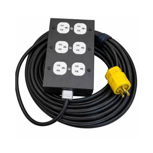 Extension de corriente de 10mtrs con cable 3X14 encauchetado centelsa, caja multitoma de 3 tomas dobles eaton 110v a clavija leviton.