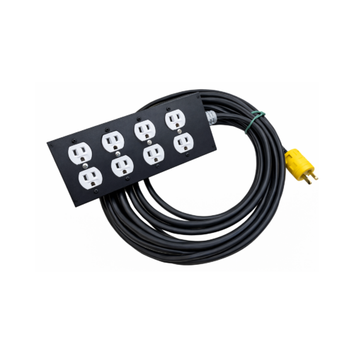 Extension de corriente de 10mtrs con cable 3X14 encauchetado centelsa, caja multitoma de 4 tomas dobles eaton 110v a clavija leviton.